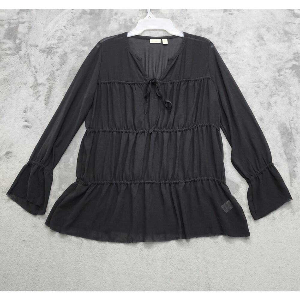 Hinge Top Womens XS‎ Black Sheer Tunic Long Sleeves Tie Neck Boho Bell Sleeves